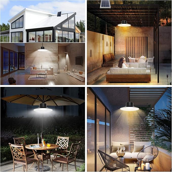 Solar Lights Outdoor, LED Solar Pendant Light 3000K|4000K|5000K| Dimmable Lighting with Remote Control, 16.4ft Cable IP66 Waterproof for Patio, Garage, Camp, Chicken Coop, Shed Barn