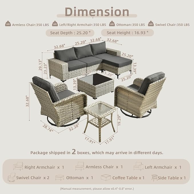 Outdoor Sectional Patio Furniture Set with Rocker Chairs,7 Pieces Wicker Conversation Sets L Shaped Couch,Extra Deep Out Door Sofa Outside Furniture,Black
