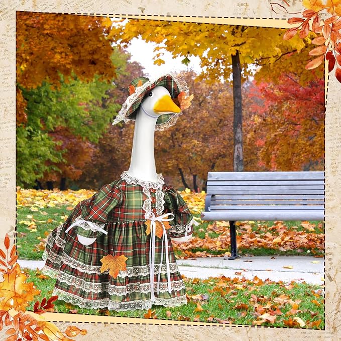 Suzile Fall Plaid Porch Goose Outfit Autumn Goose Clothes for 23 Inch Cement or Plastic Geese Costume Plaid Dress for Yard Lawn Outdoor Garden Patio Duck Statue Thanksgiving Party Decor