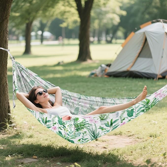 Camping Hammock Outdoor Hammocks for Outside Green Plants Watercolor Beach Trees Portable Lightweight with Pockets Tree Straps Indoor