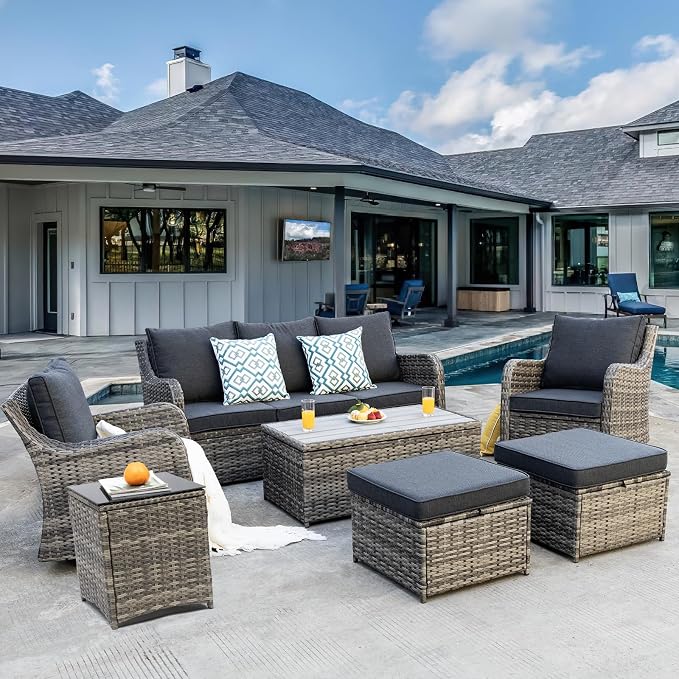 MEISSALIVVE Outdoor Patio Furniture Set with Swivel Chair, 7 Pieces Patio Conversation Set, Patio Sectional Furniture Set with 2 Swivel Rocker Chair & Sofa, 2 Ottomans and Coffee Table (Grey)