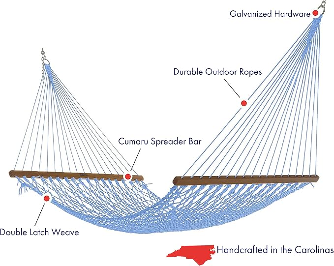 Nags Head Hammocks NH15CHB Admiral Coastal Blue Duracord Rope Hammock with Free Extension Chains & Tree Hooks, Handcrafted in The USA, Accommodates 2 People, 450 LB Weight Capacity, 13 ft. x 65 in.