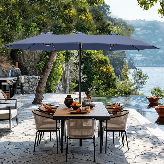 GREEN PARTY 15 ft Rectangular Patio Umbrella with Base Included, Large Double-Sided Outdoor Table Umbrella with Crank, 1.9" Pole UPF 50+ UV Resistant for Pool Deck Backyard Garden, Navy Blue