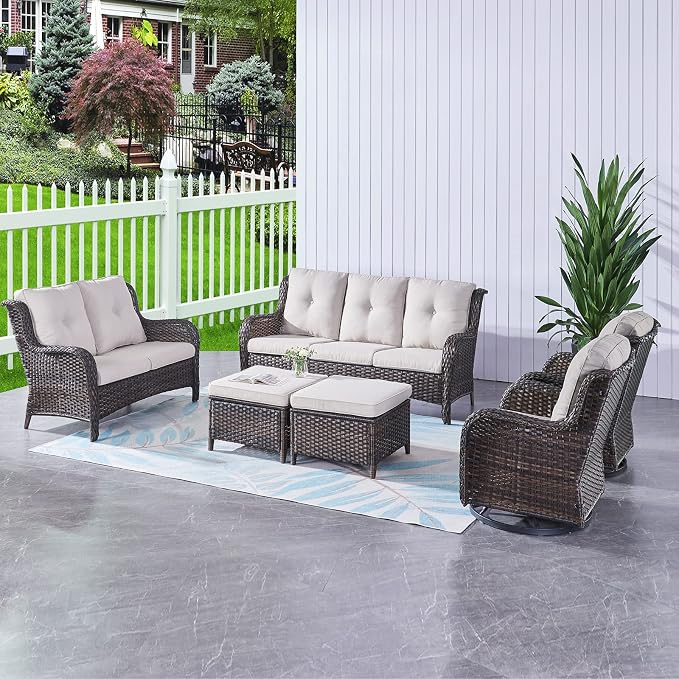 HUMMUH 6 Piece Patio Furniture Set PE Wicker Rattan 3-Seat Outdoor Sectional Sofa with Love Seats,Patio Swivel Chairs,Ottomans Conversation Sets for Garden, Poolside, Backyard