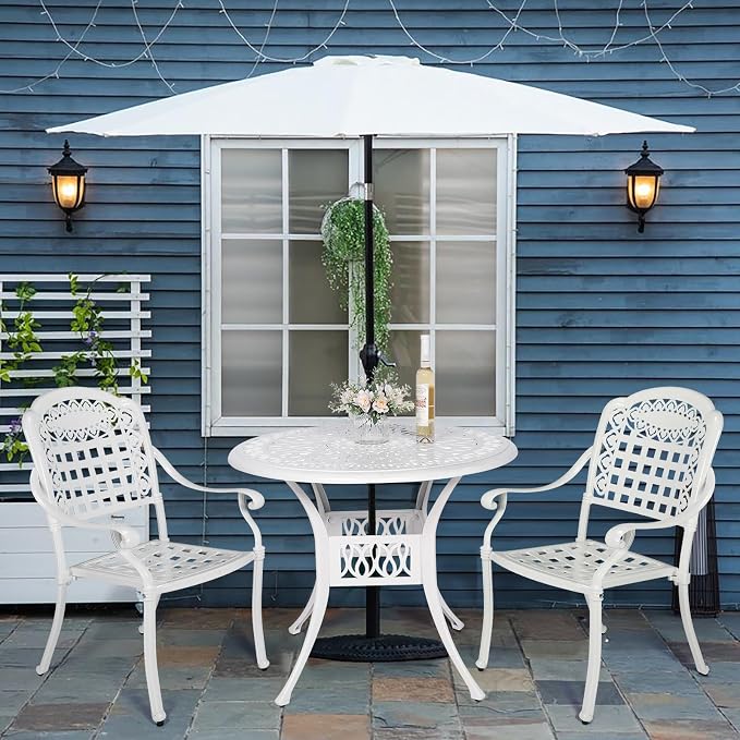 VIVIJASON 3-Piece Outdoor Patio Bistro Set, All-Weather Cast Aluminum Furniture Dining Sets Include 2 Chairs and 35.4" Round Table w/Umbrella Hole for Balcony, Lawn, Garden, Backyard, White