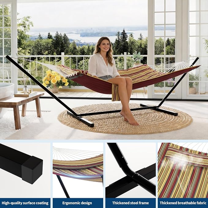 Double Hammock with Stand and Pillow – Heavy Duty Outdoor, Supports 450 Lbs, Balance Rope Included, for Backyard, Patio, and Camping, Red-Yellow Stripe