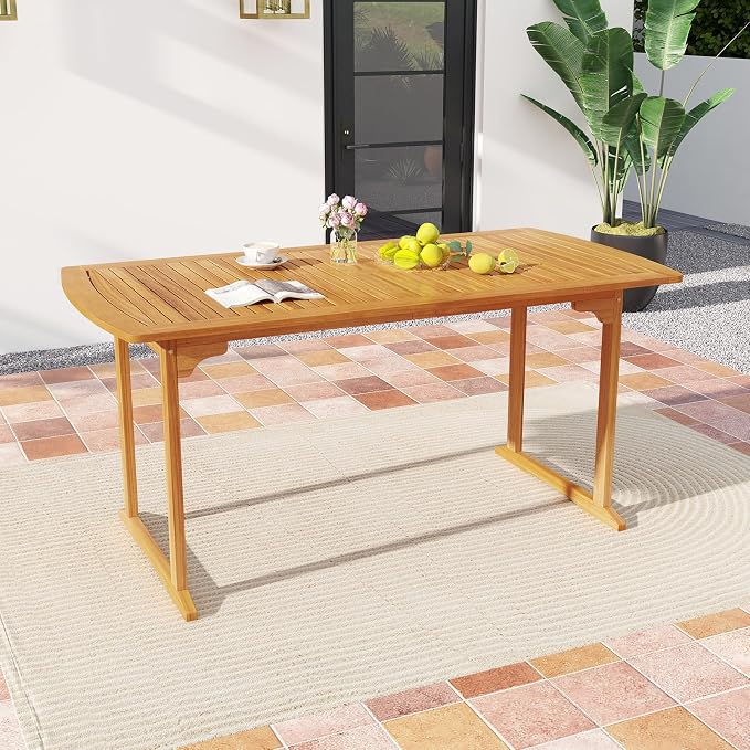 Tangkula 3 Piece Acacia Wood Patio Dining Table Set, 63" Large Patio Table & 2 Backless Benches w/Umbrella Hole, Farmhouse Indoor Outdoor Diner Furniture for Garden Poolside Deck Kitchen