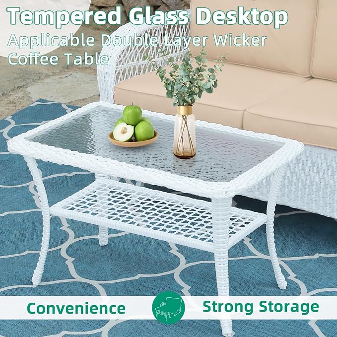 VIVIJASON 4-Piece Outdoor Patio White Wicker Conversation Sets, All Weather Outdoor Rattan Furniture Set Includes Glider Loveseat, Coffee Table, 2 Rocking Chairs with Cushions for Backyard, Beige