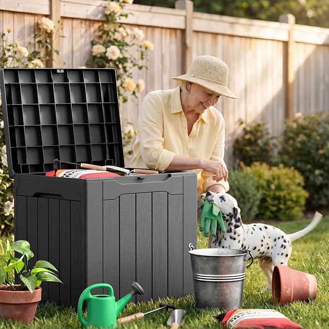 JUMMICO 31 Gallon Resin Deck Box Waterproof Indoor Outdoor Storage Boxes for Patio Furniture Cushions and Garden Tools (Gray)