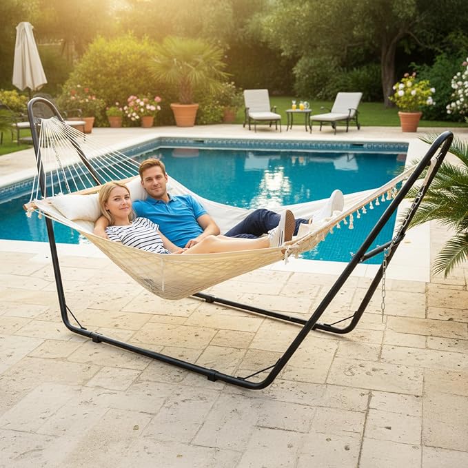 ONCLOUD Hammock with Stand, Double-Barrel Hammock with Hammock Bed, Heavy Duty Adjustable Hammock Set for Outdoors, Patio, Yard, Garden, 550 LBS (Beige)