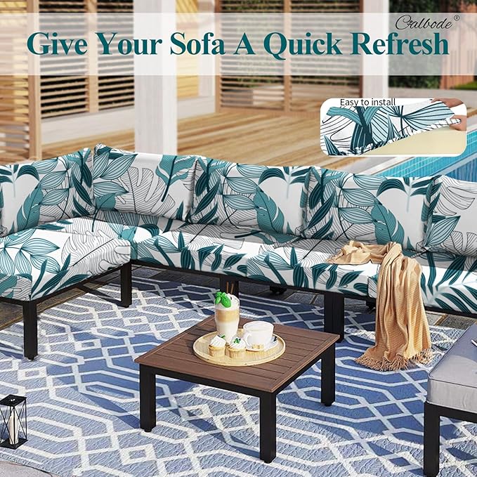 CALBODE 12Pcs Stretch Patio Cushion Cover Outdoor Cushion Cover Replacement Slipcovers Indoor and Outdoor Chair seat Covers Blue Botanical Print Patio Furniture Protector(Cover Only)