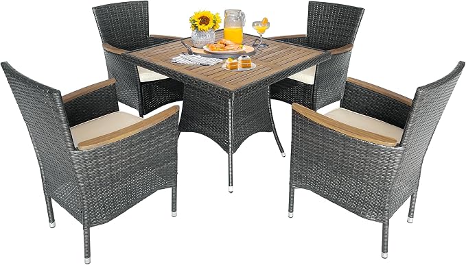 RoyalCraft 5 Piece Patio Wicker Dining Sets for 4, Water-Resistant Rattan Outdoor Dining Table and 4 Chairs with Wood Table Top, Conversation Set for Deck, Garden, Backyard, Removable Cushions, Gray
