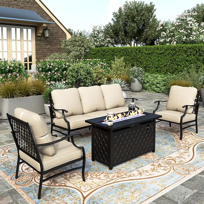 HERA'S HOUSE 4 Pieces Patio Fire Pit Furniture Set, 2 x Single Chair, 3-Seat Sofa with 45" Fire Pit Table, Outdoor Conversation Set for Garden, Poolside, Backyard