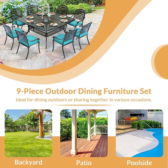 9 Piece Outdoor Patio Dining Set for 8, Cast Aluminium Large Square Dining Table & 8 Cushioned Stackable Chairs, Umbrella Hole, Patio Furniture Set for Garden Porch Poolside, Ocean Blue