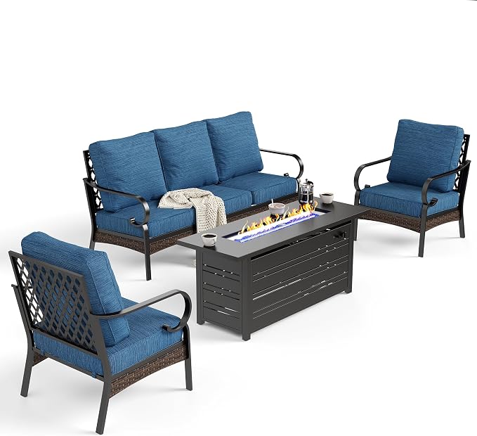 SUNSHINE VALLEY 4 Piece Black Metal Outdoor Patio Furniture Sets with Firepit Table, Patio Conversation Sets 1 3-Seater Sofa, 2 Single Sofa with 5.75" Thick Cushion Backyard Furniture for Deck, Blue-2