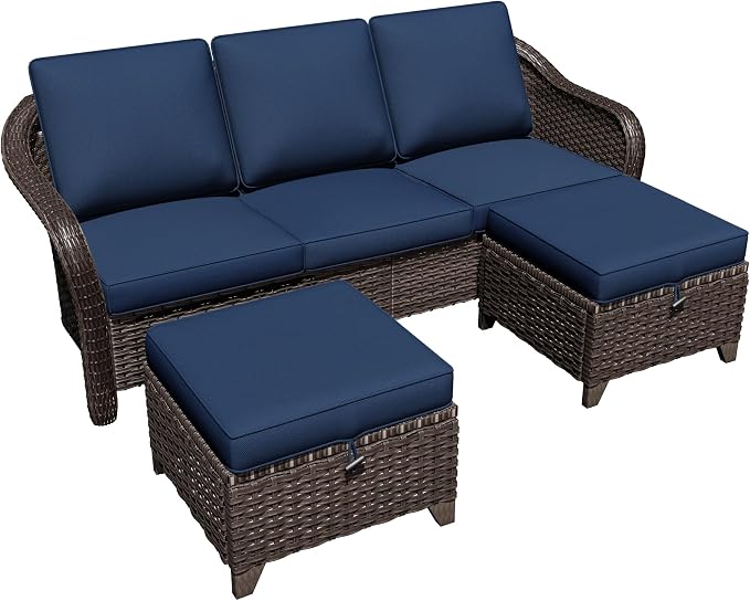 3 Pieces Patio sectional Sofa Set, Outdoor Conversation Furniture Set, 78" 3-Seat Couch with 2 Ottomans, 47" Metal Coffee Table, Rattan Wicker Sofa with Washable Cushions (Navy Blue)
