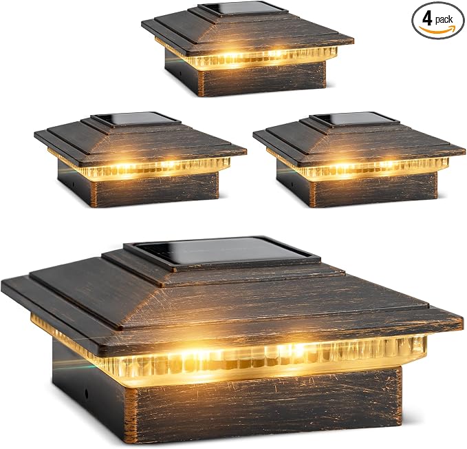 Solar Post Cap Lights Outdoor 4pack, Waterproof Fence Post Solar Lights for 4x4 5x5 6x6 Wood/Vinyl Posts, Deck Post Lights with 2 Color Modes Decorate Garden Patio Porch Backyard Brushed Copper