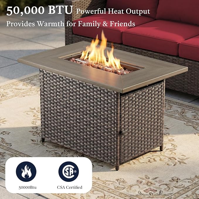 7 Piece Patio Furniture Set with 41" Fire Pit Table - High Back Swivel Glider Patio Chairs Set of 6, All Weather Deep Seating Outdoor Conversation Set for Porch Deck Yard Pool Brown