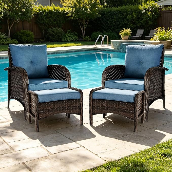 SHGJ&SOFT All Weather Patio Furniture Set, High Back Swivel Rocker Glider Chairs,Ottomans & Glass Tables, Outdoor Conversation Set for Deck Porch Yard Poolside (Blue, 4PCS-Chairs&Ottomans)