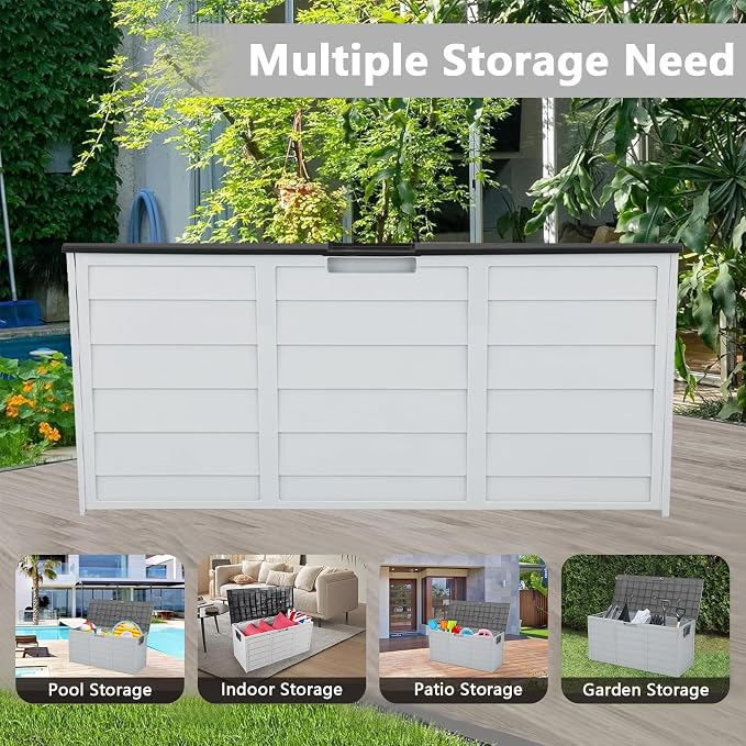 75 Gallon Outdoor Storage Box,Waterproof Deck Box with Lockable Lid&Wheels,Easy-open Outdoor Storage Bench with Handles for Garden,Pool,Balcony (Light Gray)