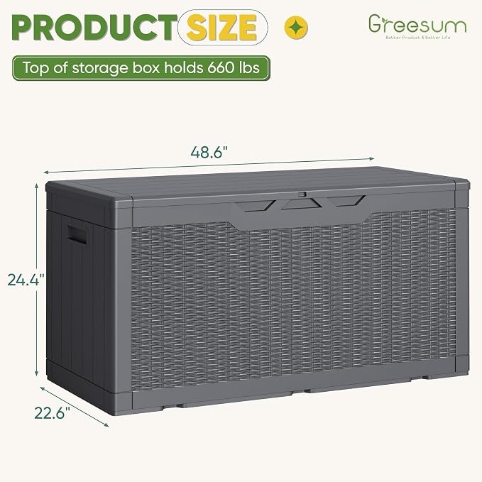 Greesum Outdoor Storage Box 100 Gallon Storage Bin with Lid for Patio Furniture, Garden Tools, Pool Supplies, Lockable, Waterproof and UV Resistant, Gray