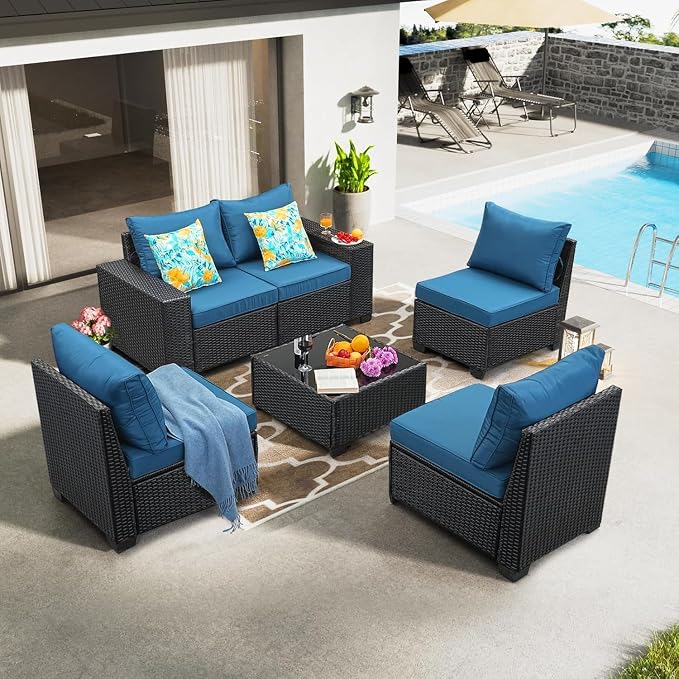 Patio Furniture Set, 6 Pieces Outdoor Couch Sofa with Wider Armrests & Glass Coffee Table, Outdoor Sectional Furniture with Thick Cushions for Party, Poolside,Garden-Peacock