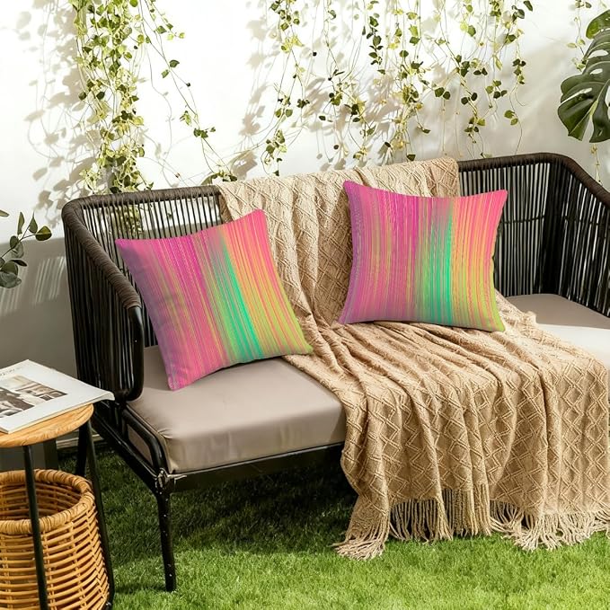 20x20 Inch Outdoor Pillow Covers Set of 2 Waterproof Throw Pillow Covers Decorative Couch Cushion Covers Pink Green Yellow Striped Square Pillowcases Protectors for Patio Garden Sofa