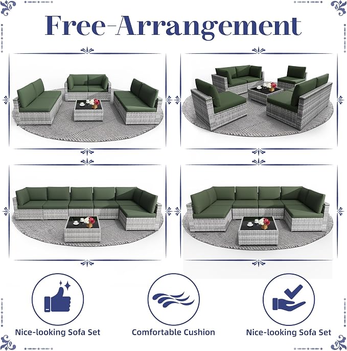KIGOTY Patio Furniture Set,7 Pieces Modular Outdoor Sectional Sofa, PE Rattan Patio Conversation Set, All Weather Wicker Patio Furniture with Cushions and Coffee Table(Grey White/Green)