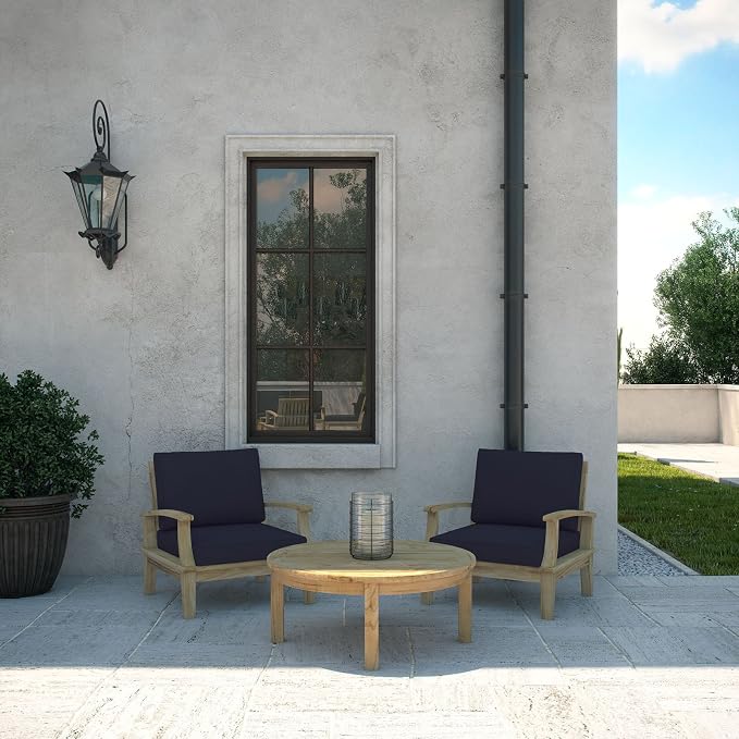 Modway Marina Premium Grade A Teak Wood 3-Piece Outdoor Patio Furniture Set in Natural Navy
