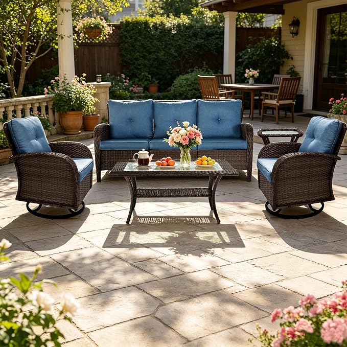 SHGJ&SOFT All Weather Patio Furniture Set, High Back Swivel Rocker Glider Chairs,Ottomans & Glass Tables, Outdoor Conversation Set for Deck Porch Yard Poolside (Blue, 5PCS-Sofa&Swivel Chairs&Tables)