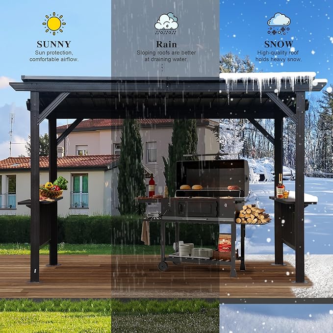 Domi 6.5x12FT Hardtop Grill Gazebo, Outdoor BBQ Gazebo with 2 Side Shelves and Sloping Galvanized Steel Roof, Metal Permanent Grill Canopy with Ceiling Hooks for Patio, Lawn, Backyard, Deck, Brown