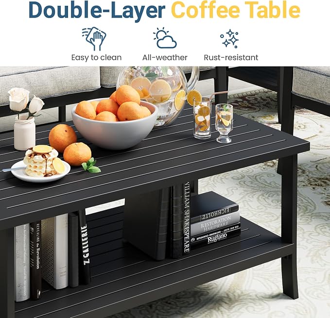 Outdoor Patio Furniture Set, 5 Seats Outdoor Patio Set with 4" Thick Cushion, All-Weather Metal Patio Sofa with Coffee Table, Outdoor Sectional Furniture for Porch Backyard Deck Yard, Black&Beige