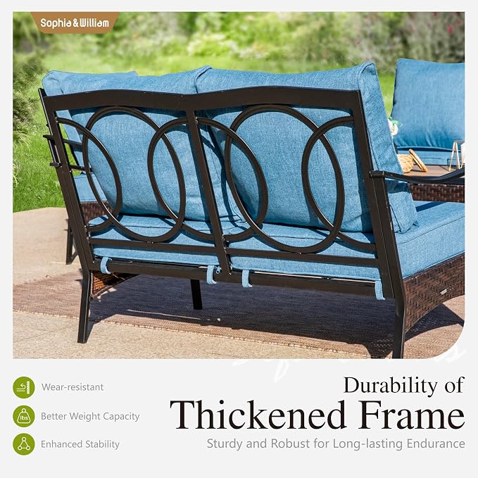 Sophia & William Patio Furniture Set with 56" Fire Pit Table, Metal Outdoor Conversation Set Patio Sectional with 3-Seater Sofas, 2 Rocking Chairs, 2 Ottomans, 1 Firepit Table for Porch Deck, Navy