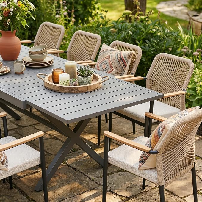 SUNSITT 9 Piece Outdoor Patio Dining Set, 65" - 107" Metal Expandable Outdoor Dining Table with X-Shape Legs, 8 Woven Wicker Patio Chairs w/WPC Armrests for Garden, Dark Grey