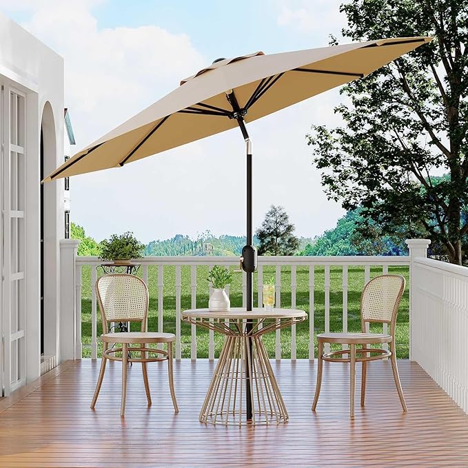 9FT Outdoor Patio Umbrella, 8 Ribs Market Table Umbrella with Tilt & Crank, UV-Resistant Waterproof for Pool, Deck, Backyard, Tan