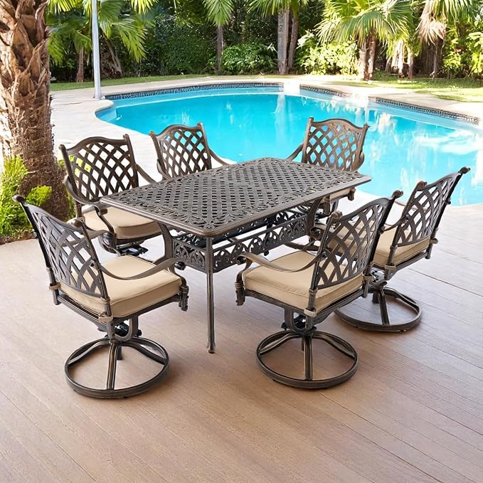 7 Piece Outdoor Dining Set Cast Aluminum Furniture Set,Retro Patio Dining Set for 6 Includes 59” Table and 6 Swivel Chairs with Cushions and 2" Umbrella Hole for Patio Deck Garden Poolside
