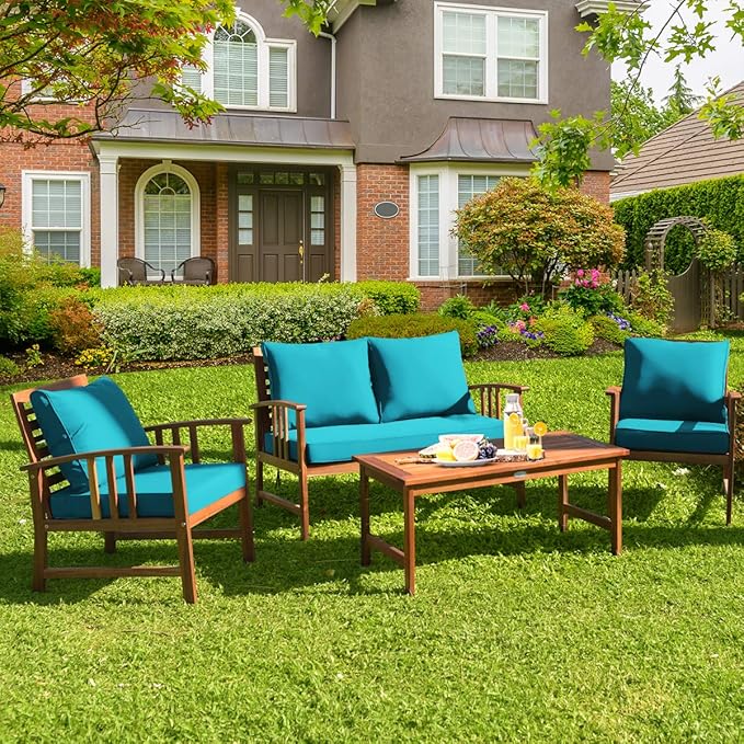 Tangkula 8 Pieces Acacia Wood Patio Furniture, Outdoor Seating Chat Set w/Gray Cushions & Back Pillow, Conversation Set w/Coffee Table for Garden, Backyard, Poolside