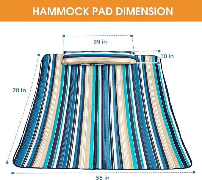 Lazy Daze Hammocks 2 Person Pad with Pillow, Double Polyester Quilted 78" x55" Replacement Hammock Pad for Rope Hammock, Blue Stripes