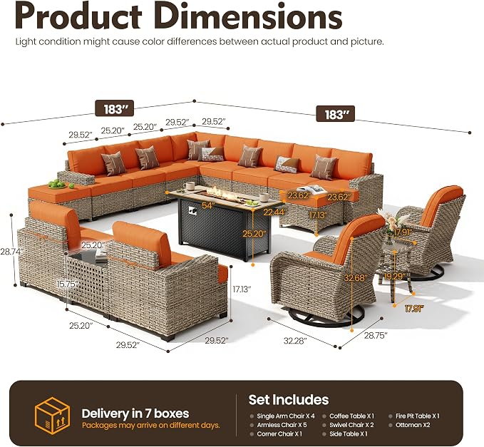 HOOOWOOO Sectional Patio Furniture Set with Fire Pit Table,17 Pieces Wicker Outdoor Furniture L Shaped Couch,Outside Conversation Set Extra Deep Sofa Wide Arm Swivel Chairs Ottoman Light,Brick Red