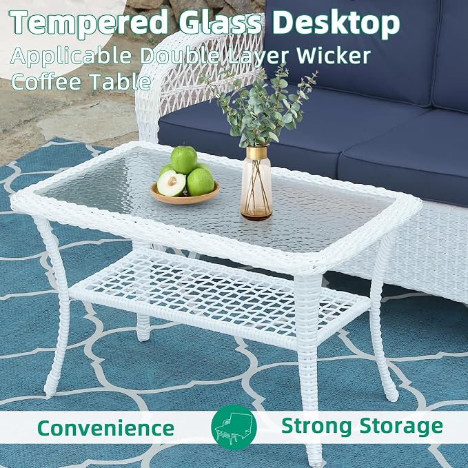 VIVIJASON 4-Piece Outdoor Patio White Wicker Conversation Sets, All Weather Outdoor Rattan Furniture Set Includes Glider Loveseat, Coffee Table, 2 Rocking Chairs with Cushions for Backyard, Navy Blue