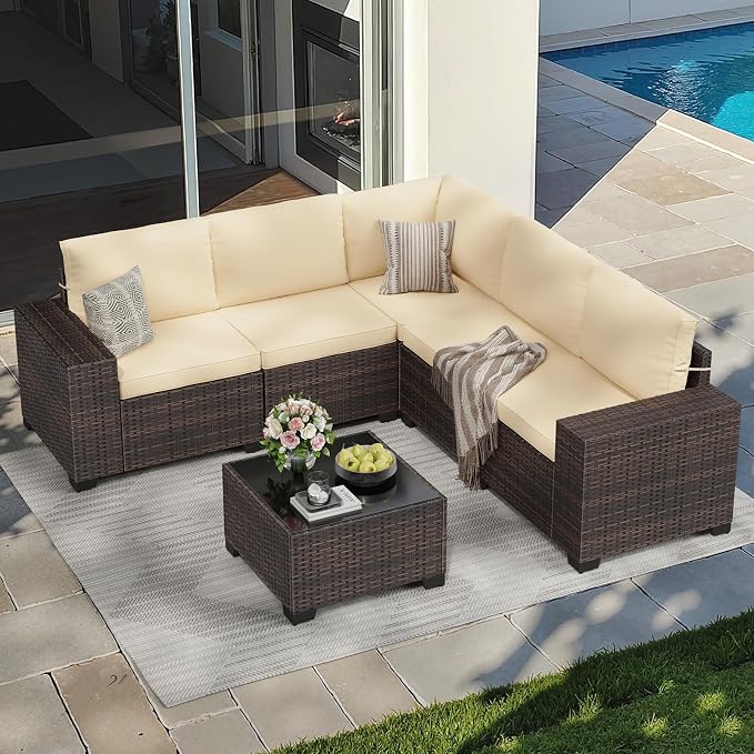 Soohow 6-Piece Patio Furniture Set All-Weather Outdoor Wicker Sectional Conversation Set with Cushion and Glass Table for Garden, Porch, Backyard, Beige Cushions