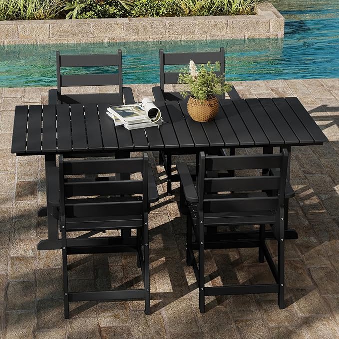 GREENVINES 5-Piece-Outdoor-Table-and-Chairs | HDPE | Patio Furniture | Slatted Dining Sets for 4 | Removable Armrests | Connectable Tables | All Weather | for Backyard Poolside Garden | Black