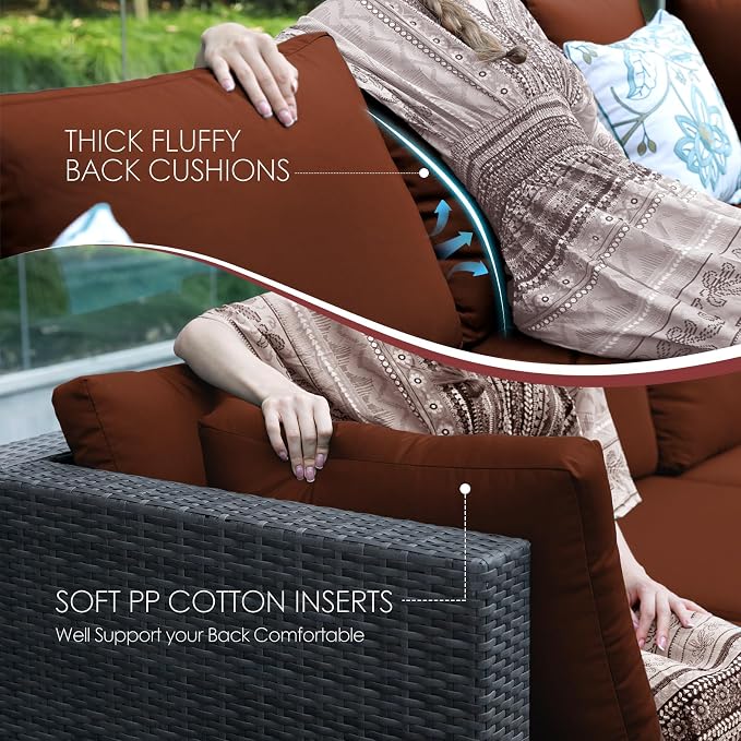 NICESOUL 11-Piece Patio Furniture with Chaise Lounge, Modern Wicker Outdoor Sectional with Fire Pit, Comfortable 29.3'' High-Back Conversation Seating, Heavy Duty All-Weather Couch Set, Grey & Red