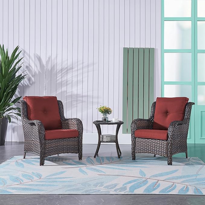 Rilyson Patio Bistro Set Outdoor Chairs - 3 Piece Wicker Rattan Patio Furniture Set with 2 Armrest Chair and 1 Side Table for Proch Deck Garden Backyard Balcony(Brown/Red)