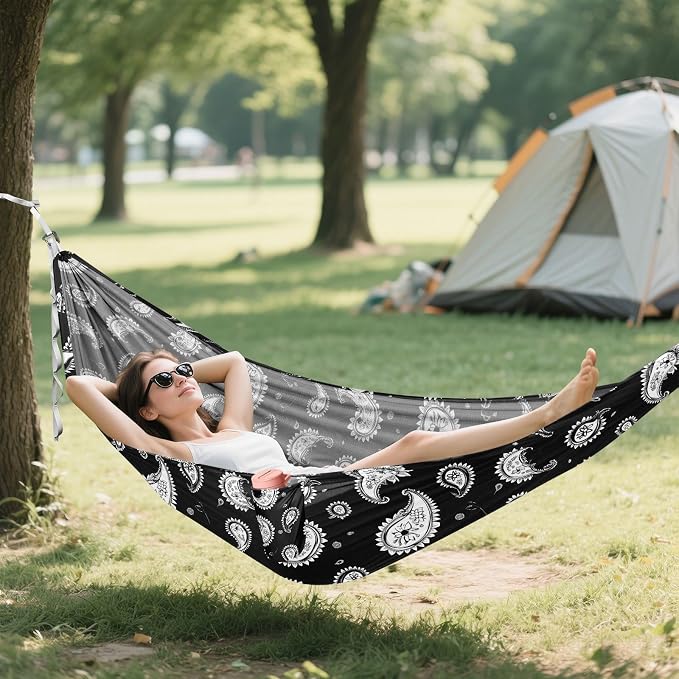 Camping Hammock Outdoor Hammocks for Outside Paisley Black Beach Trees Portable Lightweight with Pockets Tree Straps Indoor