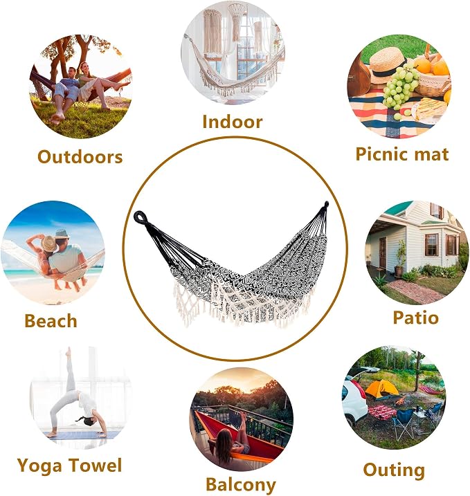 Portable Hammock with Tassel,2 Person,Brazilian Tree Hammocks with Carry Bag for Bedroom,Garden,Backyard,Patio,Outdoor and Indoor XX-Large Black/White Woven Cotton Fabric, Up to 450Lbs