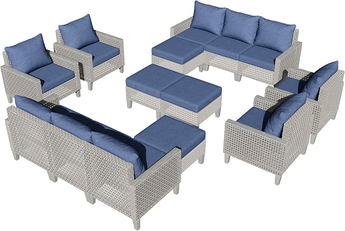 Outdoor Patio Furniture Set 14-Piece Modular Wicker Sectional Sofa with Ottomans and Thick Cushions, Modern Rattan Outdoor Conversation Couch for Garden Backyard, Navy