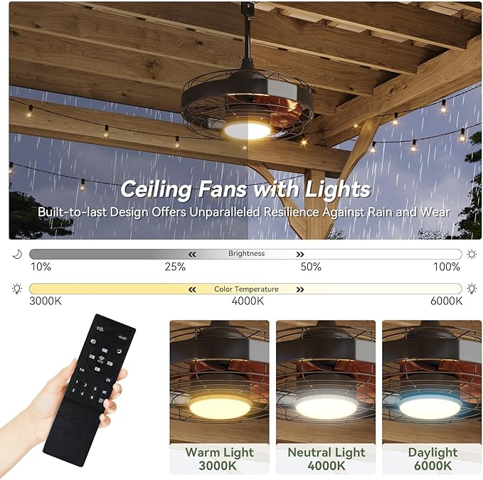 Aoxun 12' x 16' Outdoor Wood Gazebo with 20" Ceiling Fan with Light, Hardtop Gazebo Permanent Wooden Pavilion with Galvanized Steel Gable Roof, for Patio, Garden, Deck, Cedar Wood