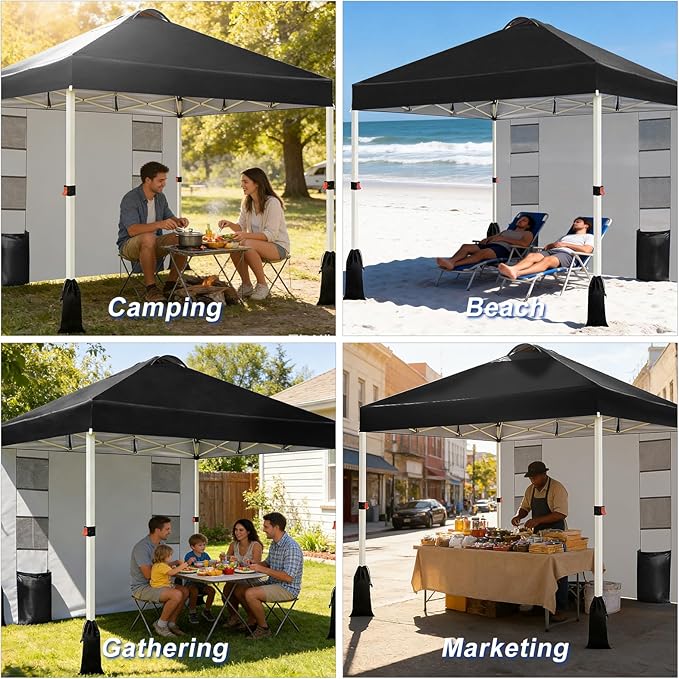 WEIZE 10x10 Pop Up Canopy Tent, 1-Button Push Setup Canopy Tent with 1 Sidewall, Adjustable Height Instant Portable Shelter,Portable Roller Bag, Easy Outdoor Sun Shade for Events,4 Weight Bags,Black