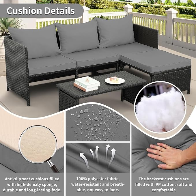 3-Piece Outdoor PE Rattan Furniture Set Patio Black Wicker Conversation Loveseat Sofa Sectional Couch Turquoise Cushion(Gray)